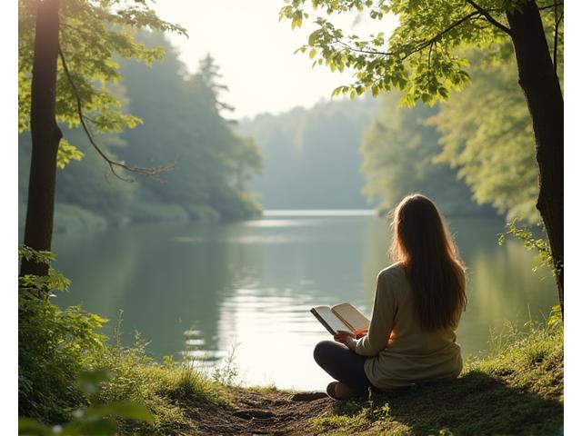 자연 속에서 스마트폰 대신 책을 읽거나 명상하는 사람의 모습