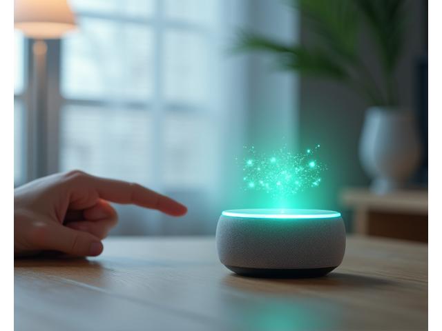 스마트 스피커에 한국어 음성 명령을 내리는 손, 주변 가전제품이 반응하는 모습